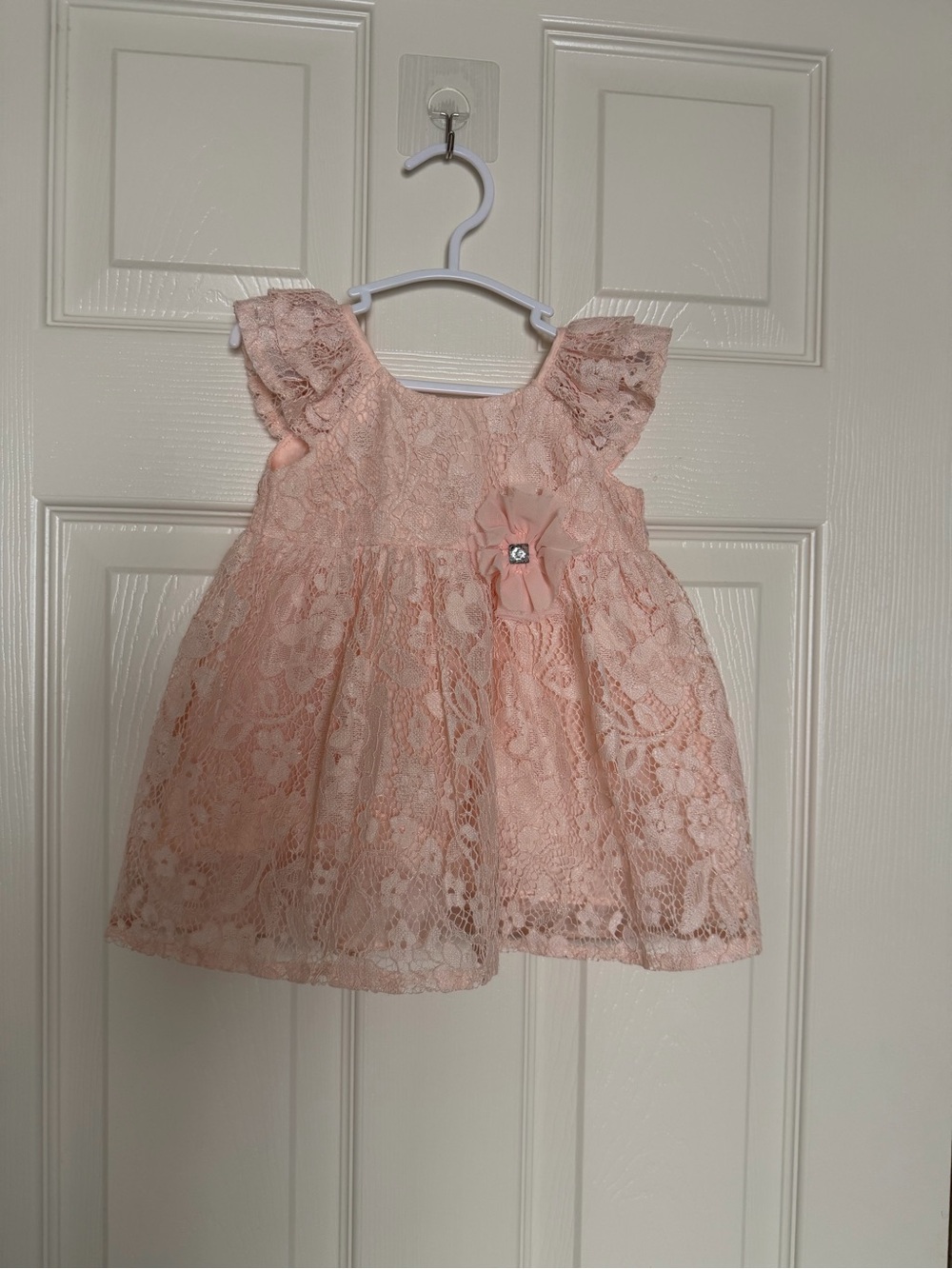 6-9 M Pink Lace Baby Dress with Flower Accent